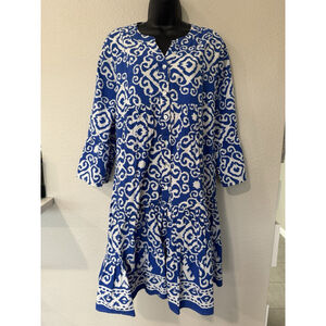 Calessa Size 1X 100% Cotton Mini Dress V Neck Ruffle Hem Blue Floral Boho